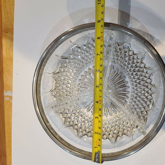 Vintage Silver Rim Lead Crystal Divided 3 Sectioned Shallow Serving Bowl Dish - Picture 6 of 7